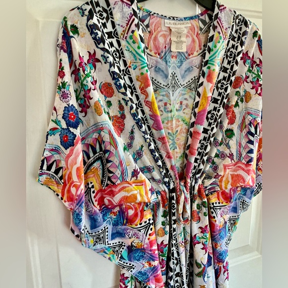 La Blanca Vibrant Floral Swimsuit Cover-Up Kimono Drawstring Waist WM SZ SM/Med - Picture 11 of 12